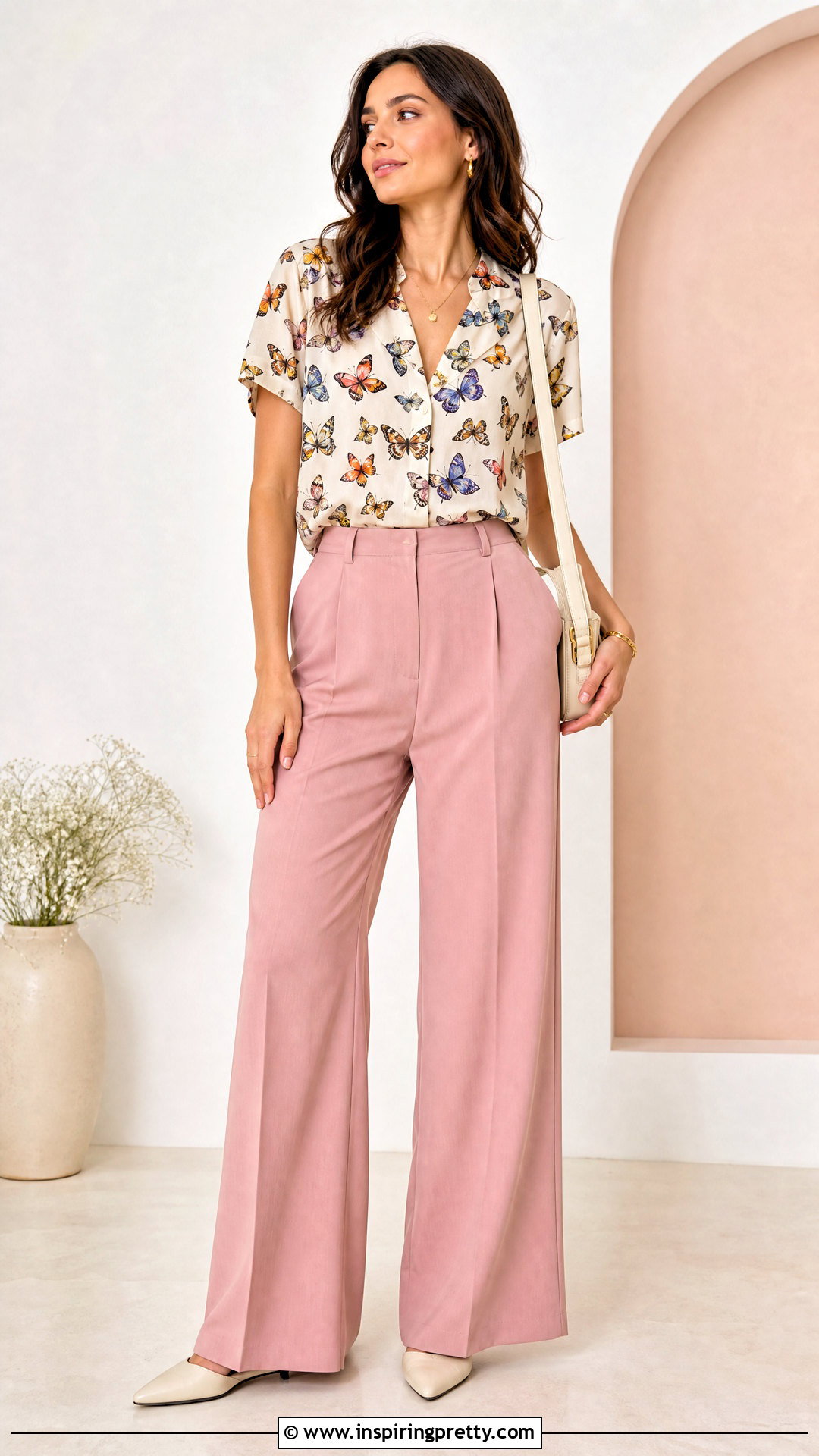 Vintage Butterfly Print Top With Pink Trousers - 20 vintage butterfly print top outfit ideas