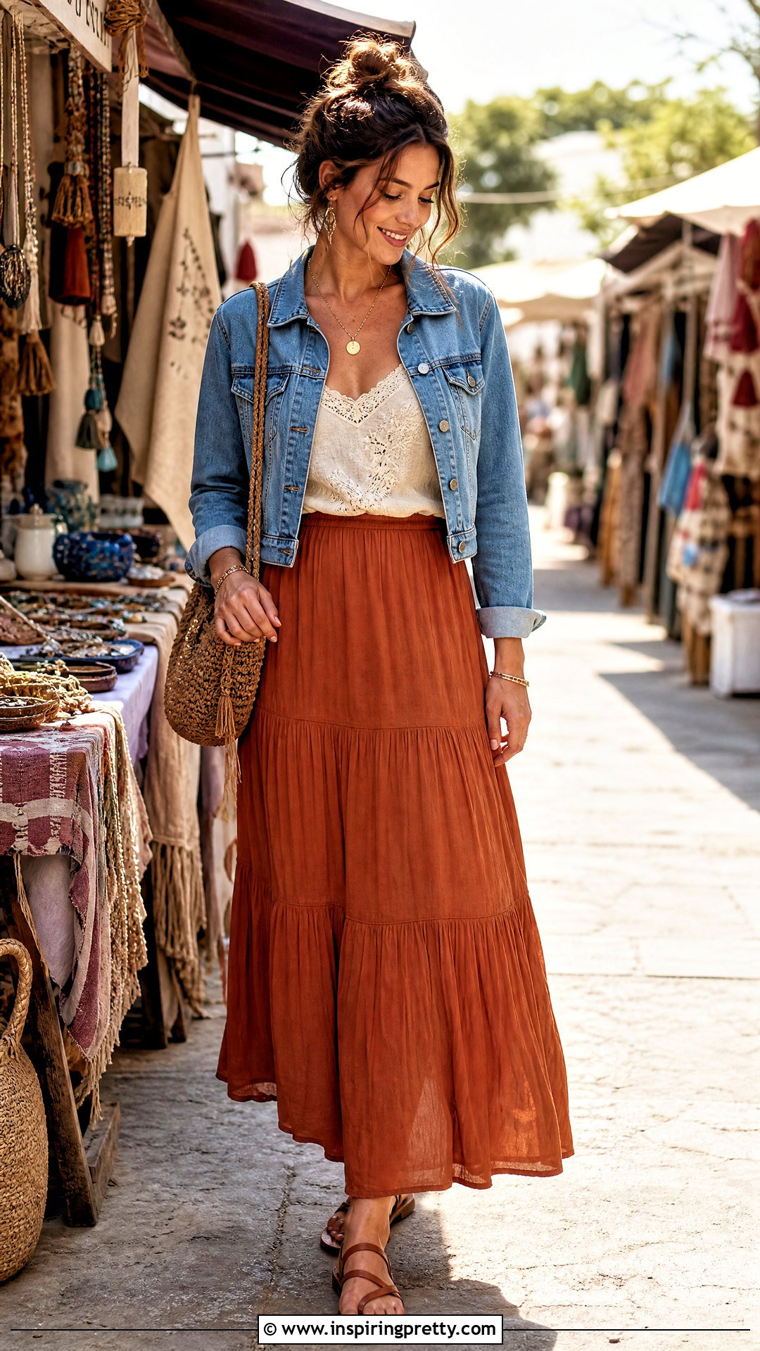 Vintage Cami Top With a Tiered Maxi Skirt - 50 vintage cami top outfit ideas