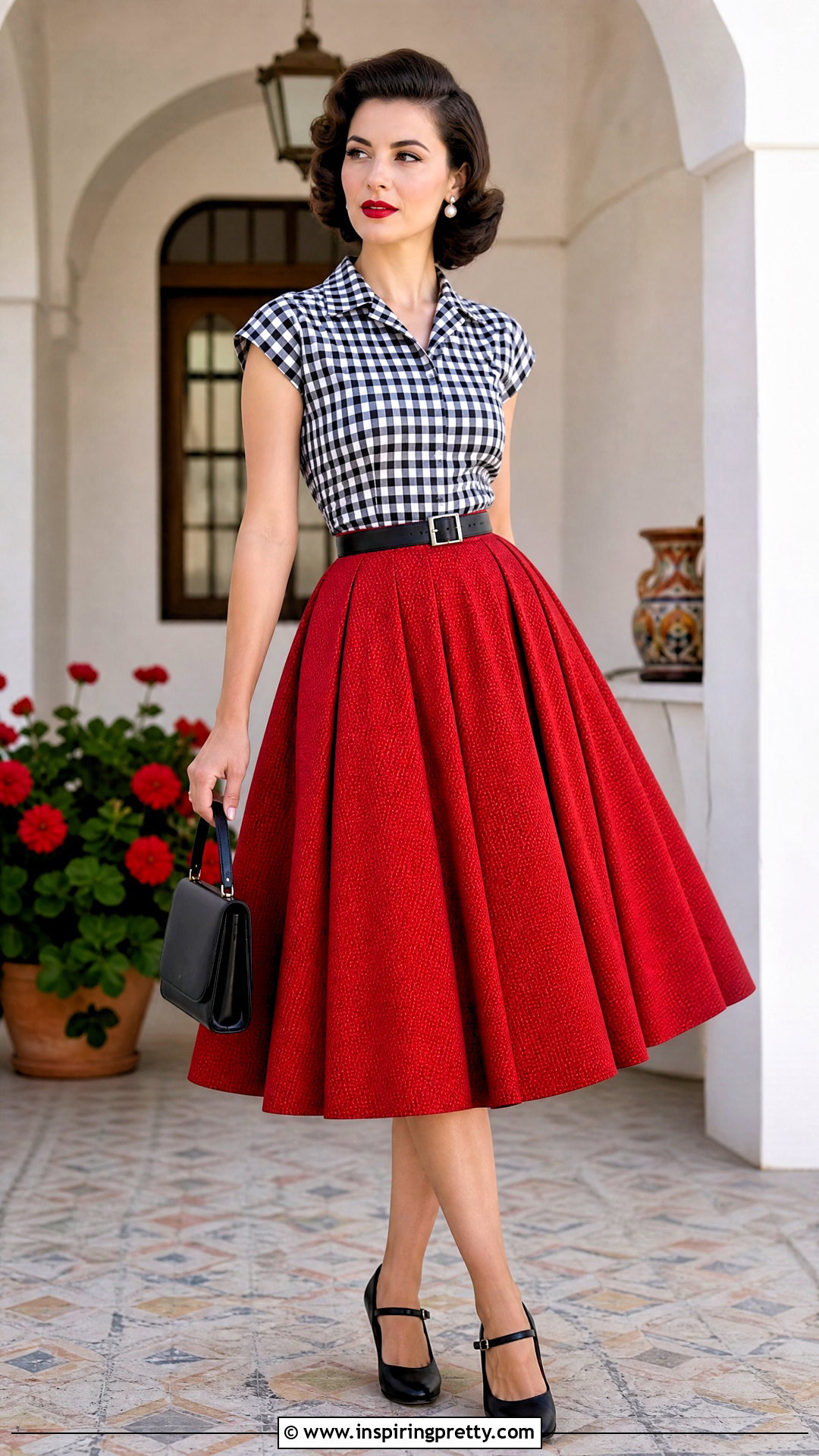 Vintage Checkered Top With Circle Skirt - 20 vintage checkered top outfit ideas