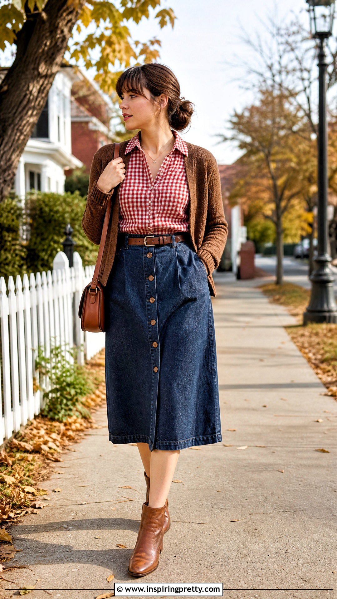 Vintage Checkered Top With Denim Midi Skirt - 20 vintage checkered top outfit ideas