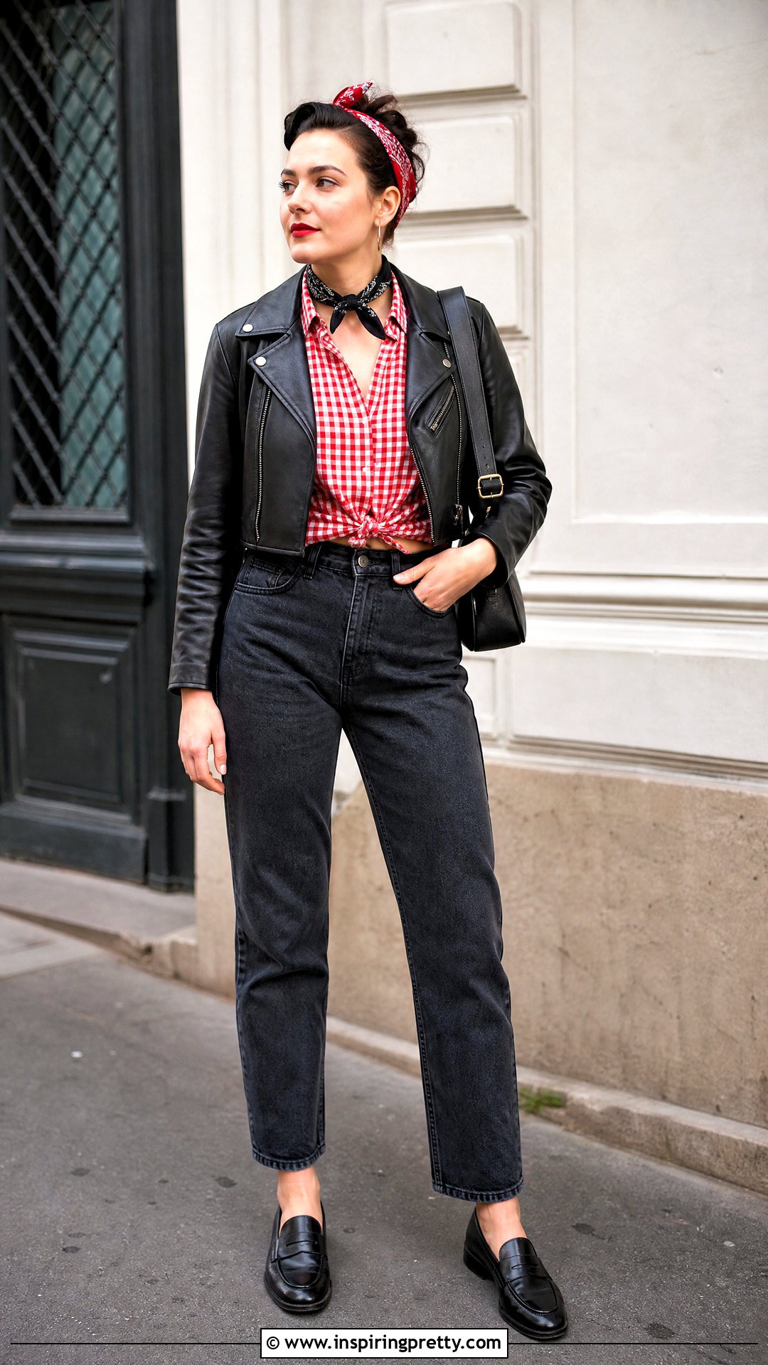 Vintage Checkered Top With Leather Jacket And Jeans - 20 vintage checkered top outfit ideas