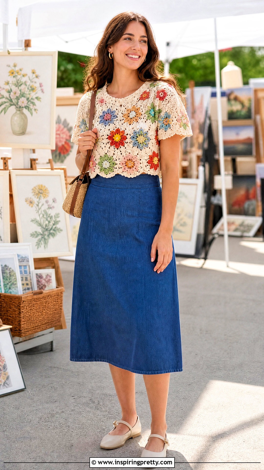 Vintage Floral Crochet Top With A Line Skirt - 20 vintage crochet top design outfit ideas