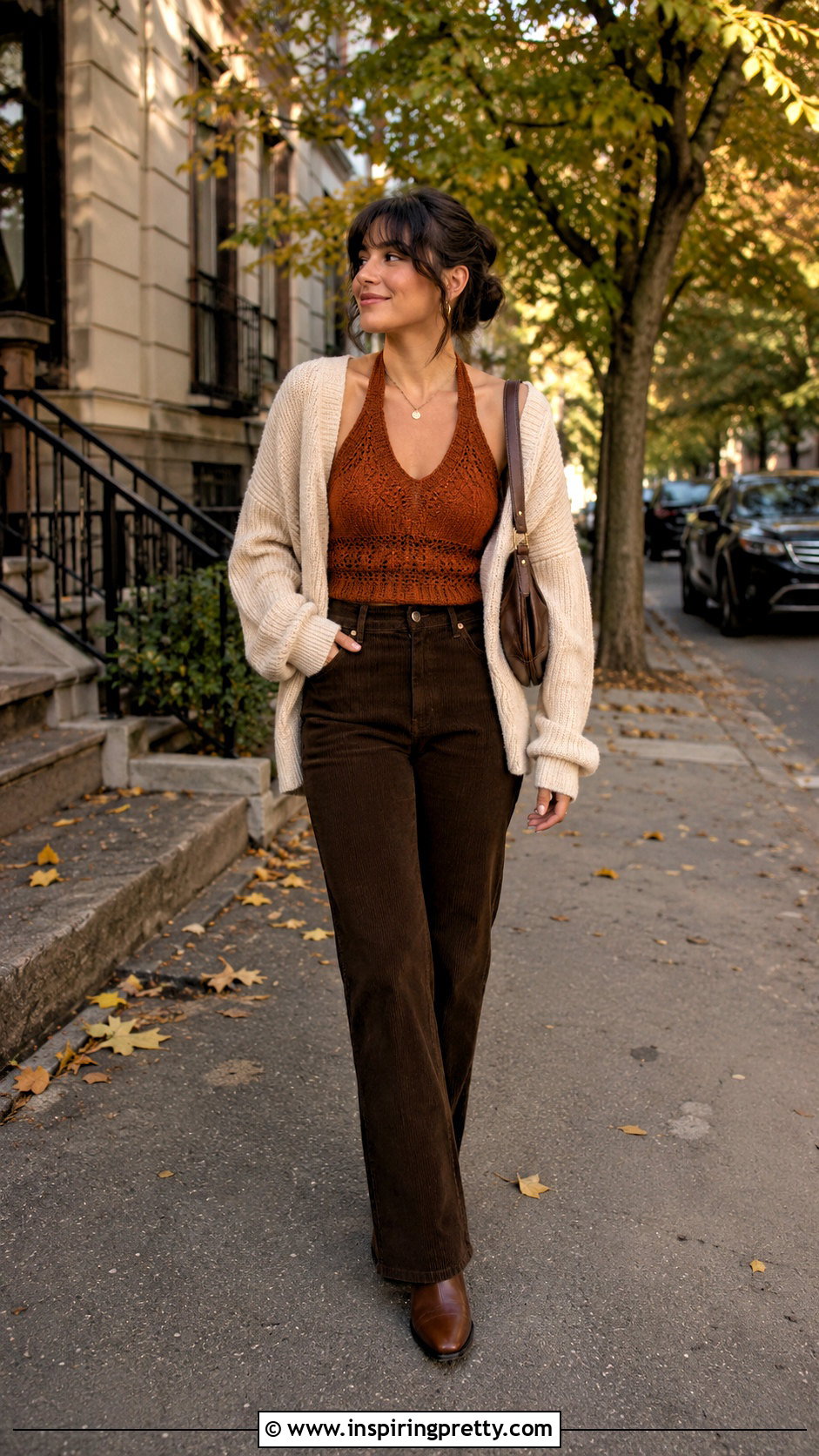 Vintage Halter Top With Cardigan And Corduroy Pants - 50 vintage halter top outfit ideas