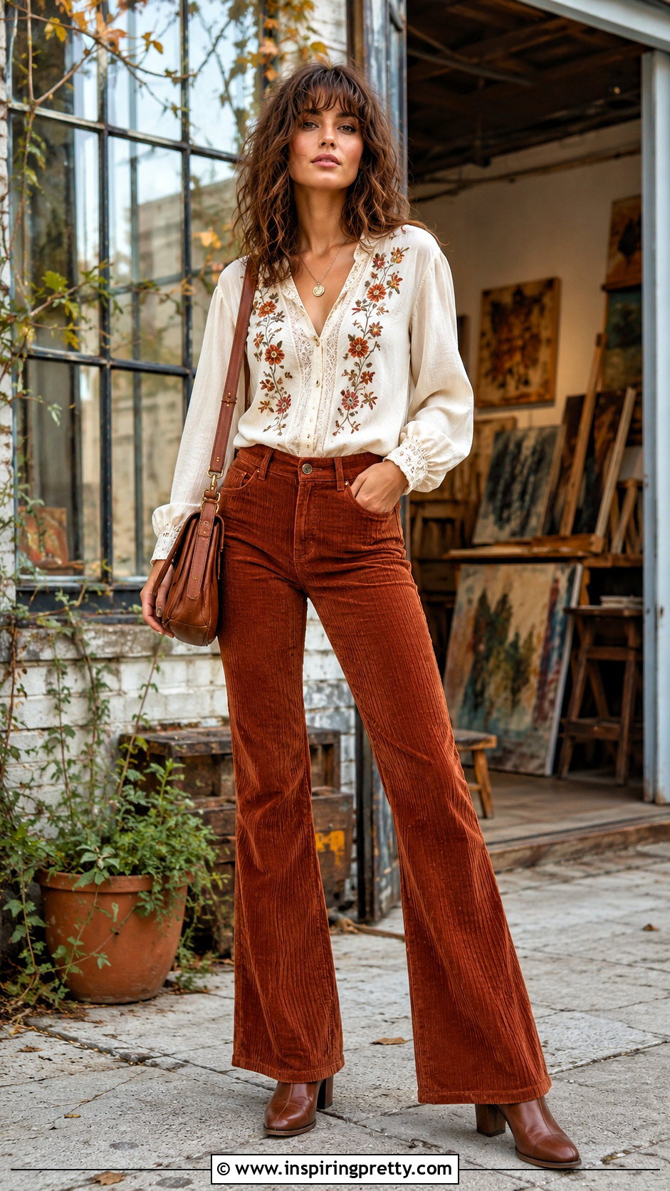 Vintage Handmade Embroidered Top With Corduroy Flare Pants - 20 handmade embroidered top outfit ideas