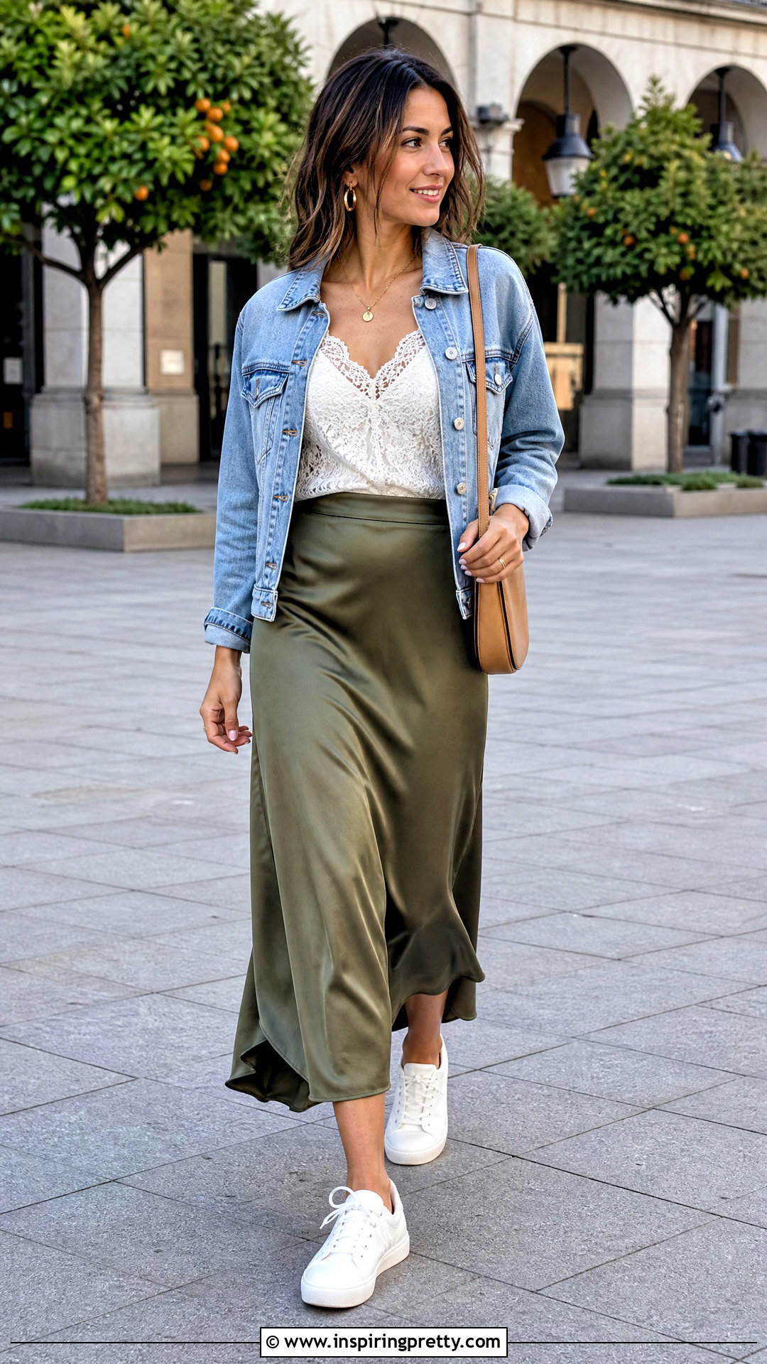 Vintage Lace Camisole Top With Denim Jacket And Midi Skirt - 20 vintage lace camisole top outfit ideas