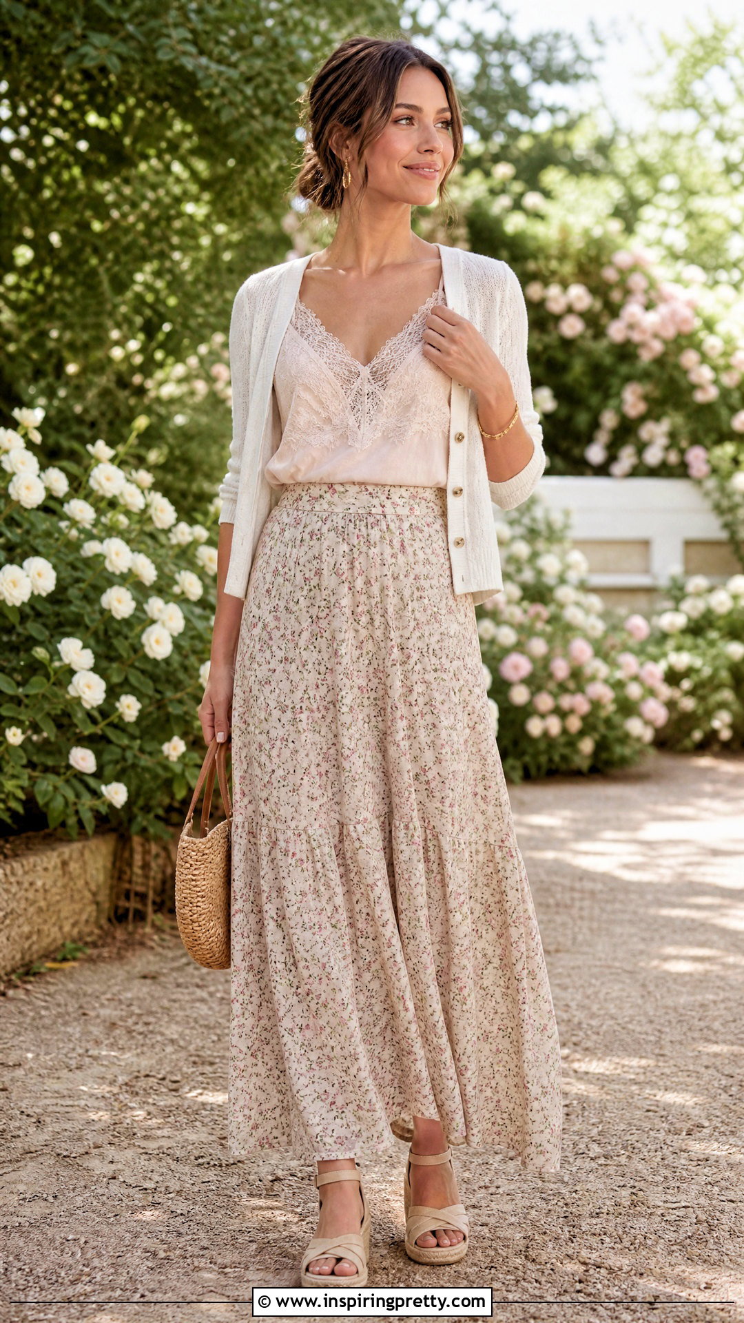 Vintage Lace Camisole Top With Floral Maxi Skirt - 20 vintage lace camisole top outfit ideas
