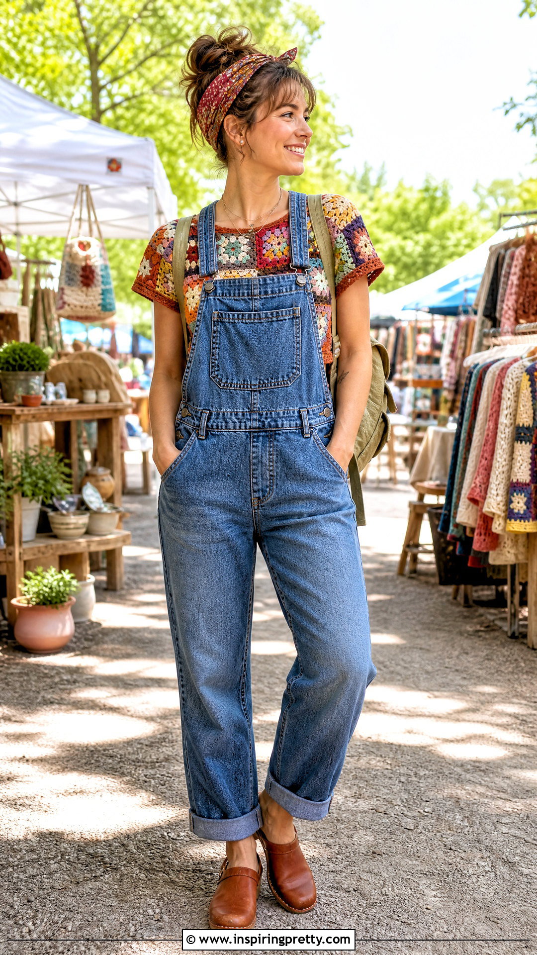 Vintage Patchwork Crochet Top With Denim Overalls - 20 vintage crochet top design outfit ideas