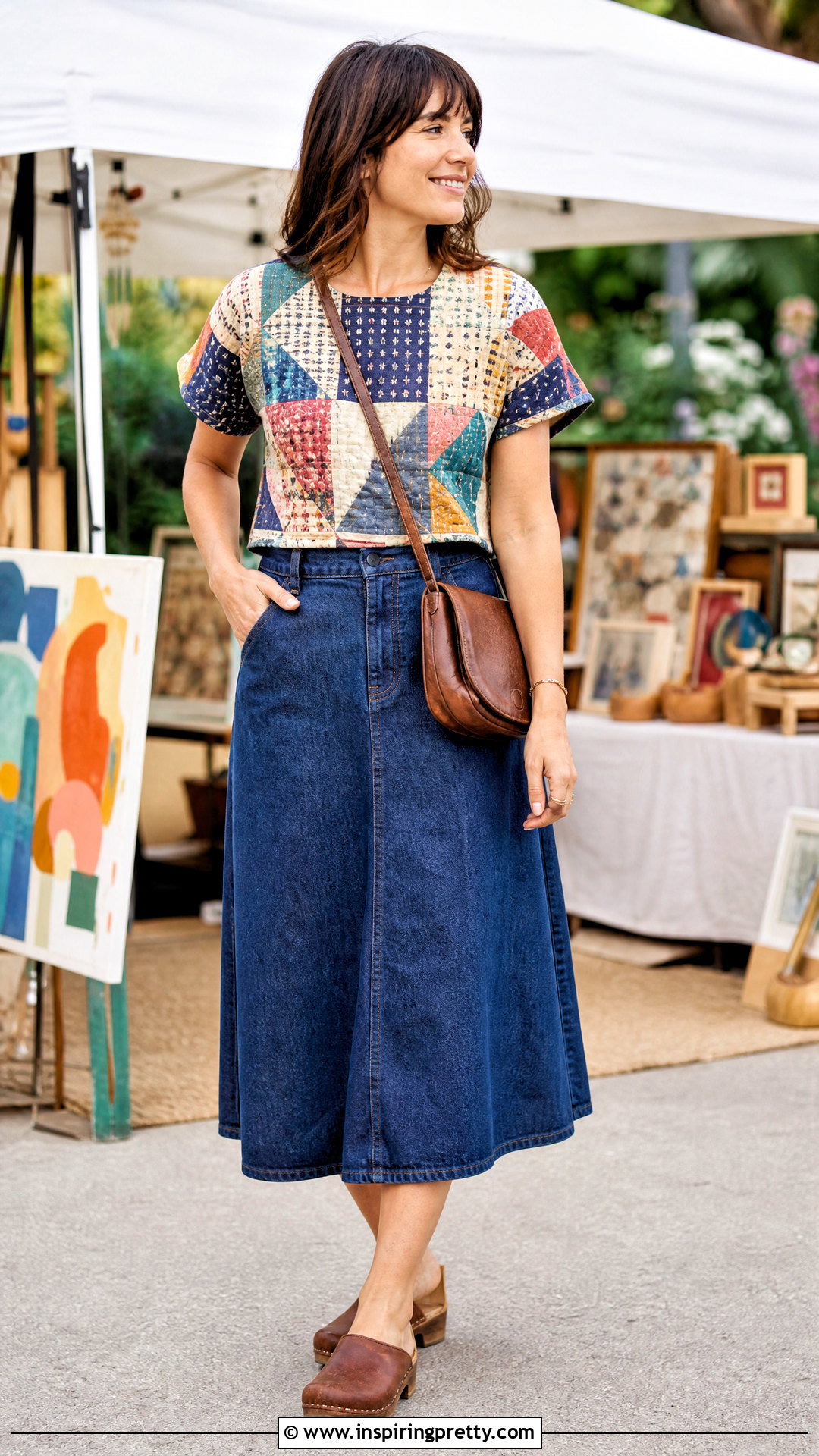 Vintage Patchwork Top With Denim Midi Skirt - 50 aesthetic tops vintage ideas
