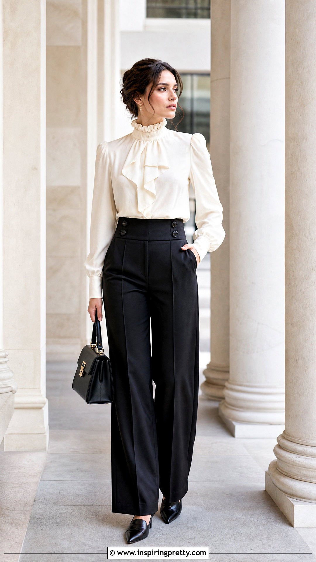 Vintage Ruffle Blouse With Tailored Pants - 50 aesthetic tops vintage ideas