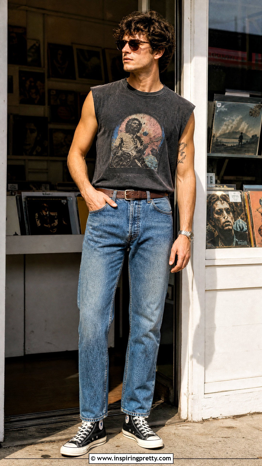 Vintage Sleeveless Top With Faded Jeans - 50 sleeveless top outfit men ideas