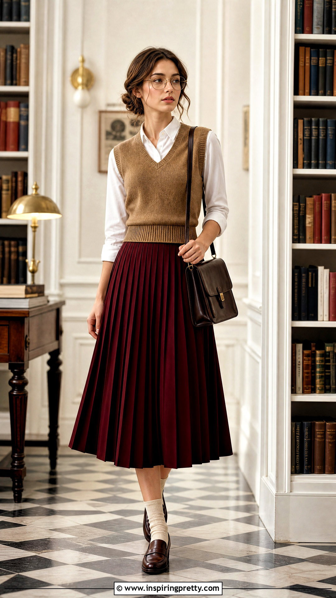 Vintage Sweater Vest With Pleated Midi Skirt - 50 aesthetic tops vintage ideas
