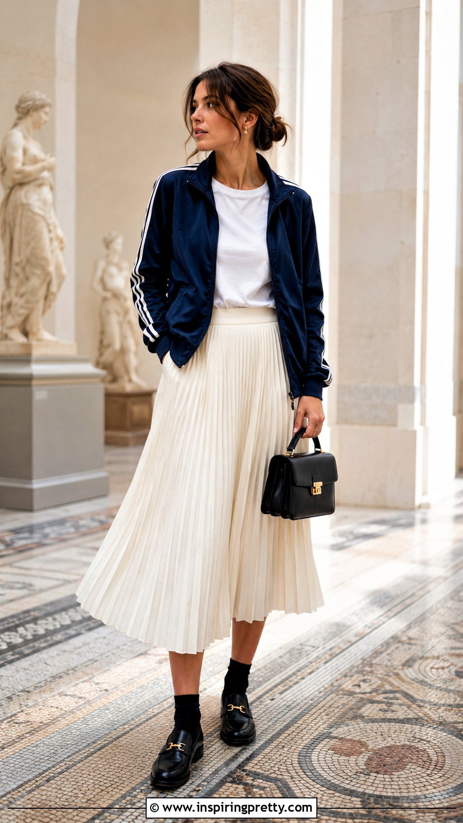 Vintage Tracksuit Top With Pleated Midi Skirt - 20 vintage tracksuit top outfit ideas