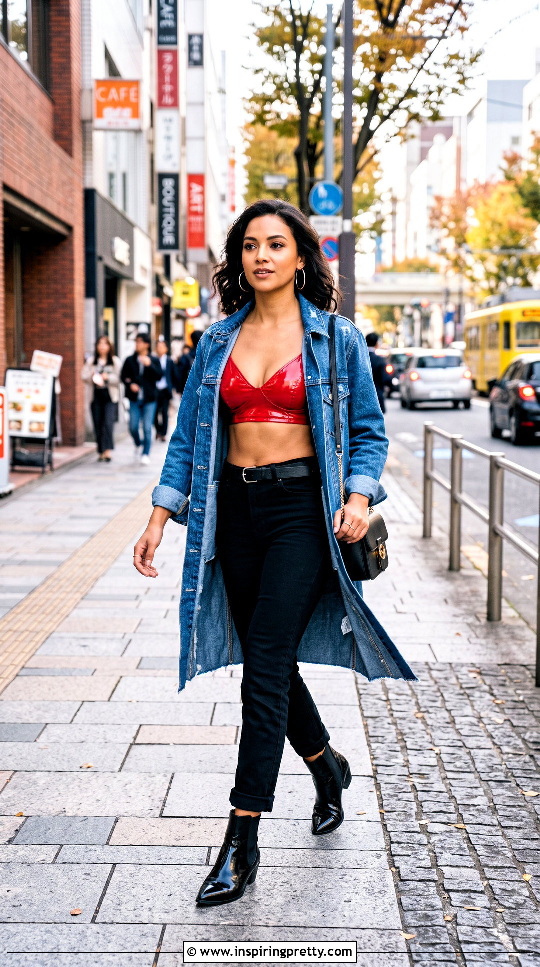 Vinyl Bra Top With Long Denim Coat - 25 Vinyl Bra Top outfit ideas