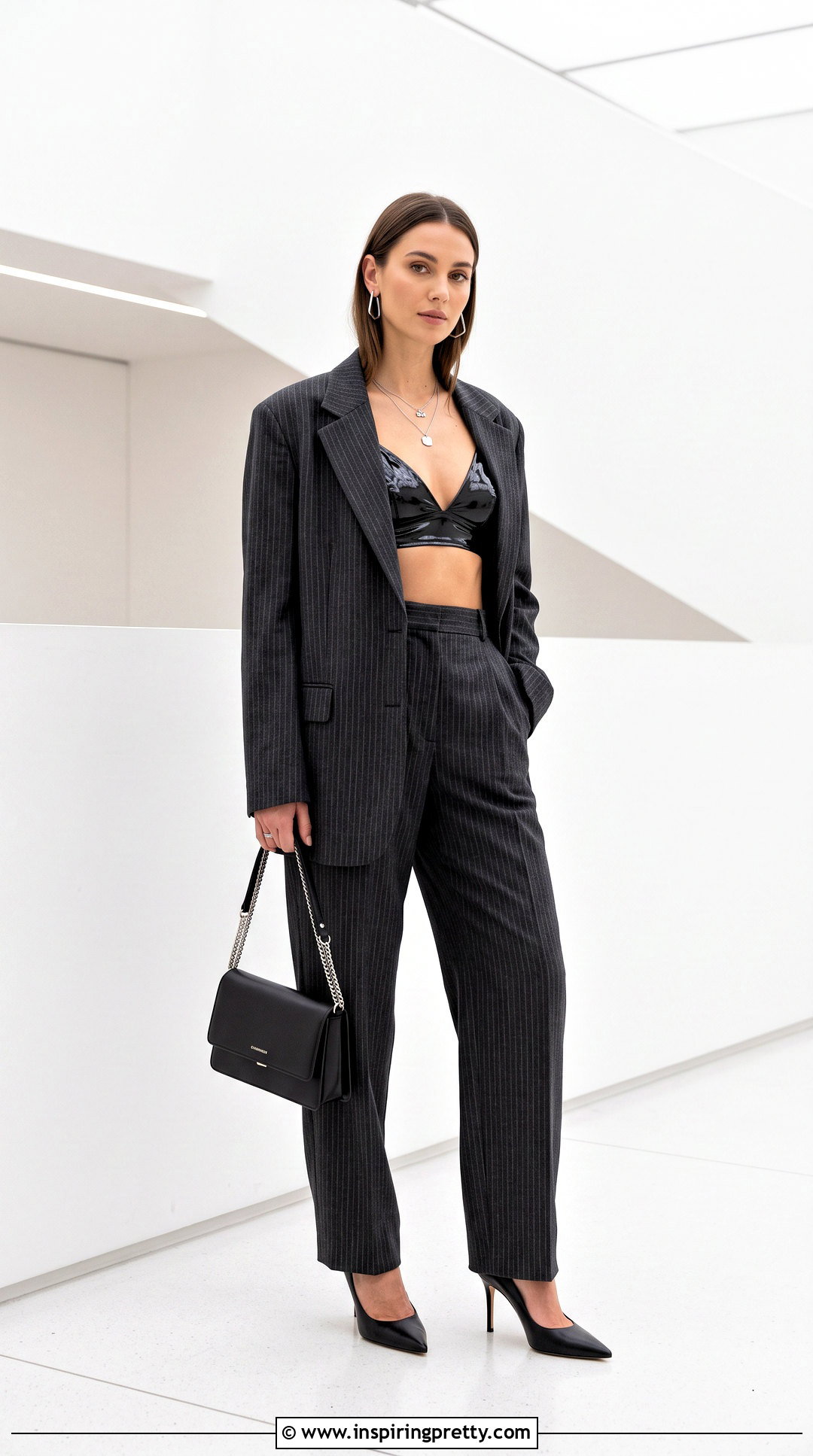 Vinyl Bra Top With Pinstripe Suit - 25 Vinyl Bra Top outfit ideas