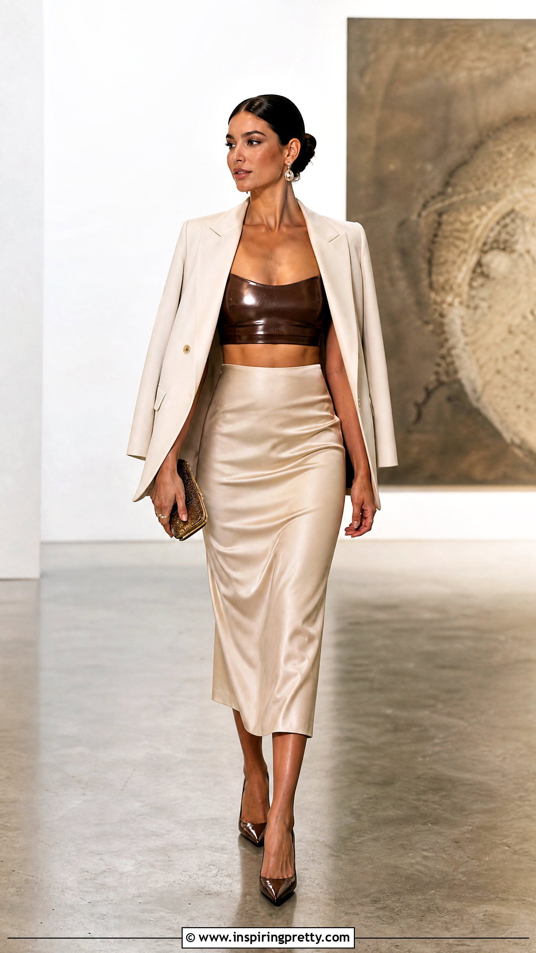Vinyl Crop Top With Satin Midi Skirt - 25 Vinyl Crop Top outfit ideas