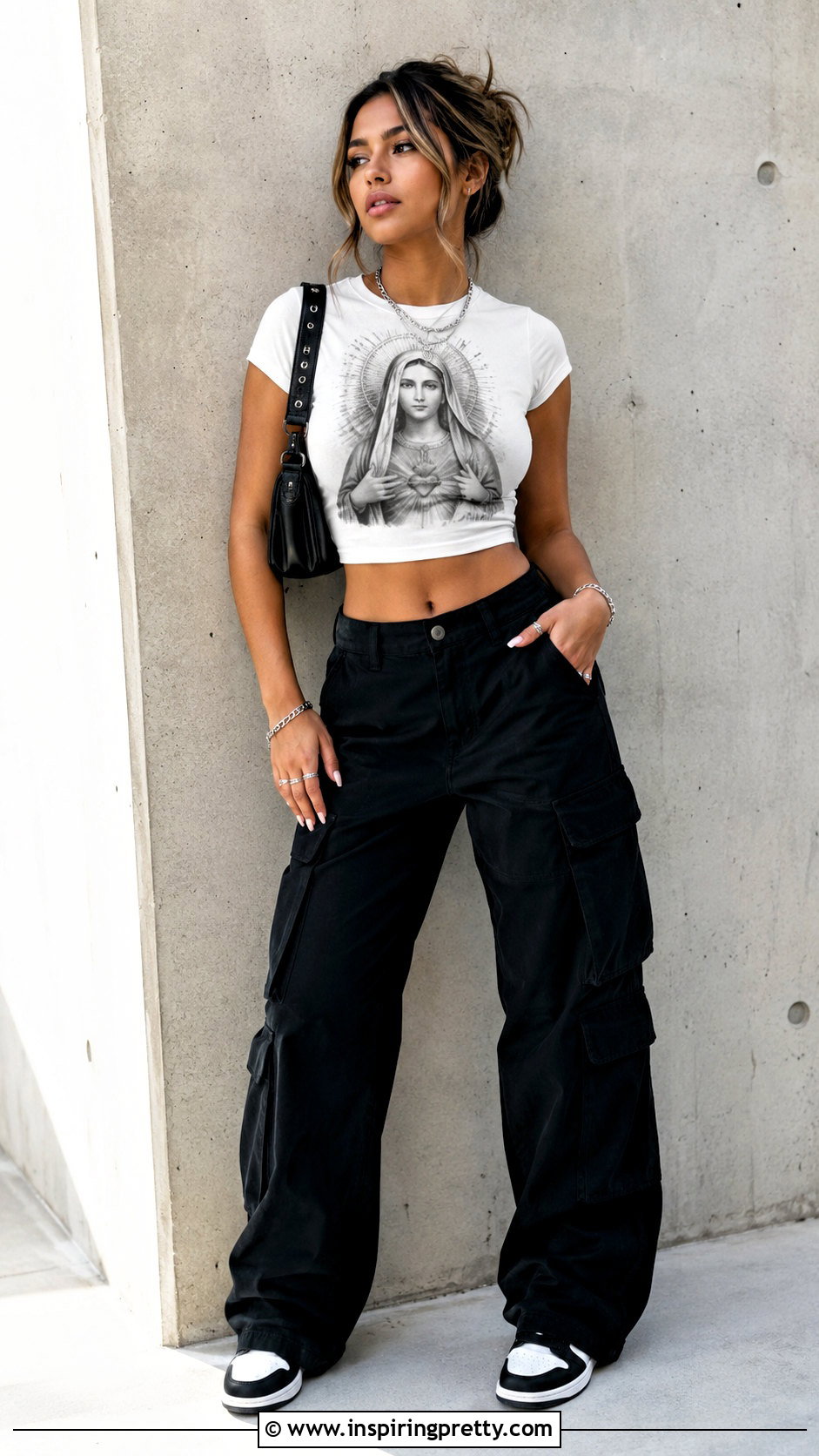 Virgin Mary Crop Top With Black Cargo Pants - 20 Virgin Mary Crop Top outfit ideas