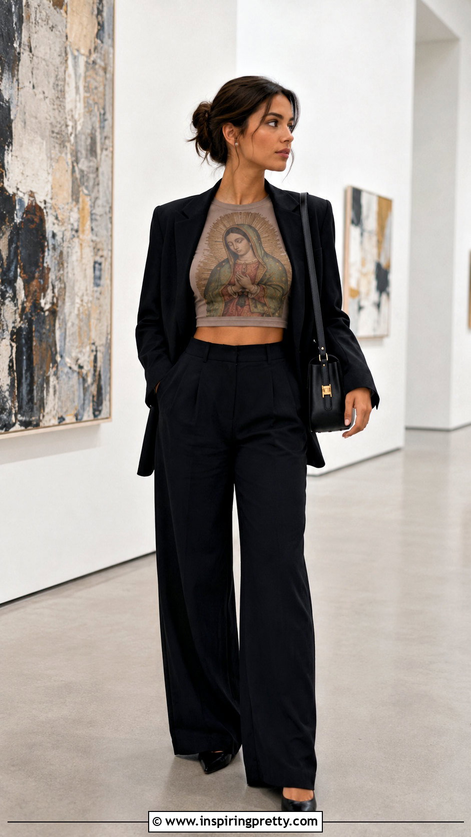 Virgin Mary Crop Top With Wide Leg Trousers - 20 Virgin Mary Crop Top outfit ideas