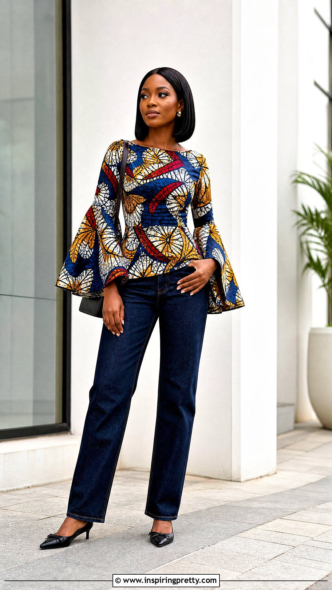 Vitenge Bell Sleeve Top With Straight Leg Jeans - 20 Vitenge Tops For Women