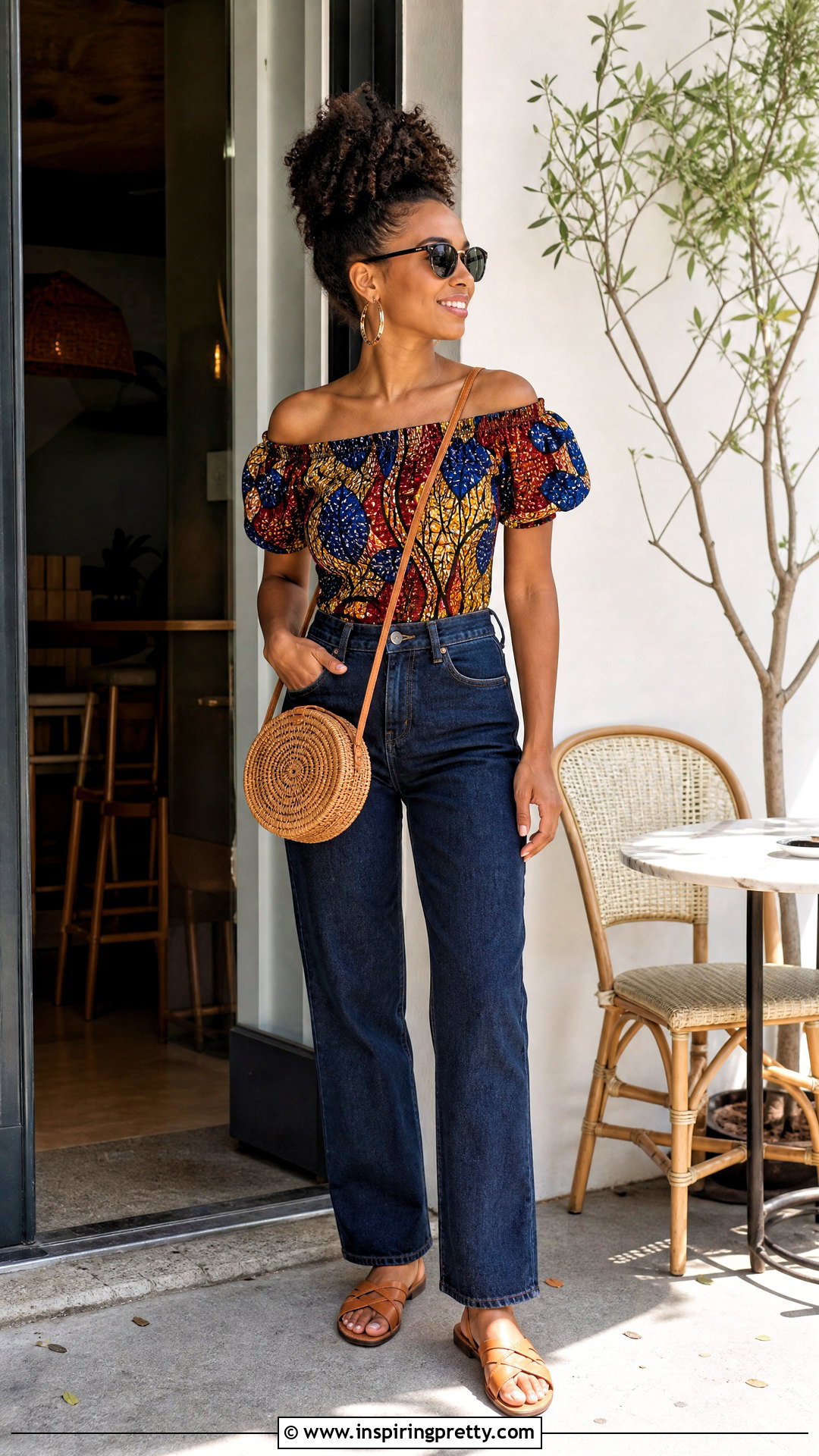 Vitenge Off Shoulder Top With High Waisted Jeans - 20 Vitenge Tops For Women