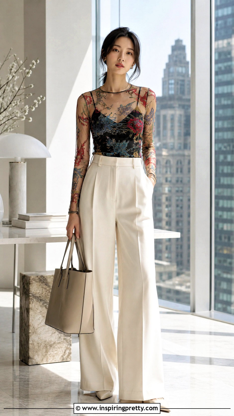 Vivienne Tam Mesh Top With Wide Leg Trousers - 20 vivienne tam mesh top outfit ideas