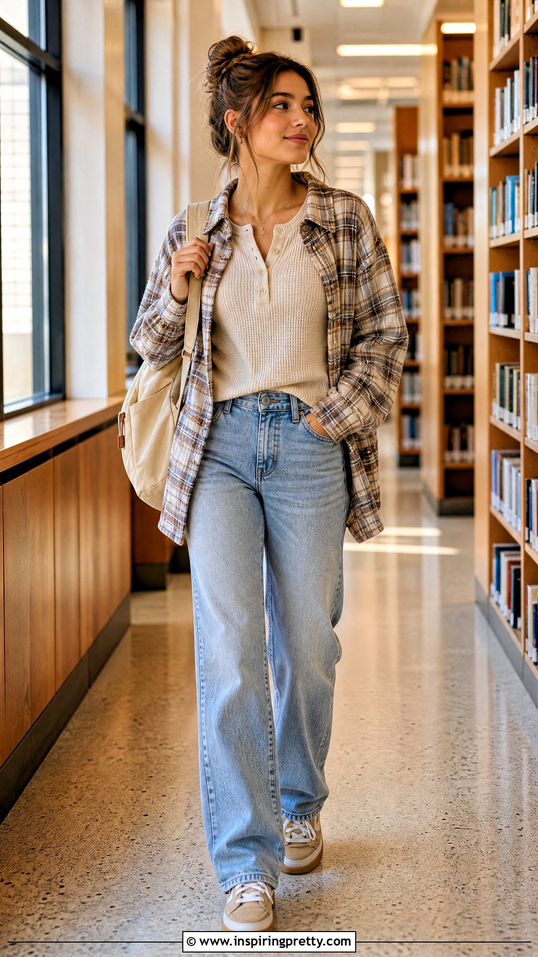 Waffle Henley Top And Relaxed Jeans Outfit - 50 cute tops for school ideas