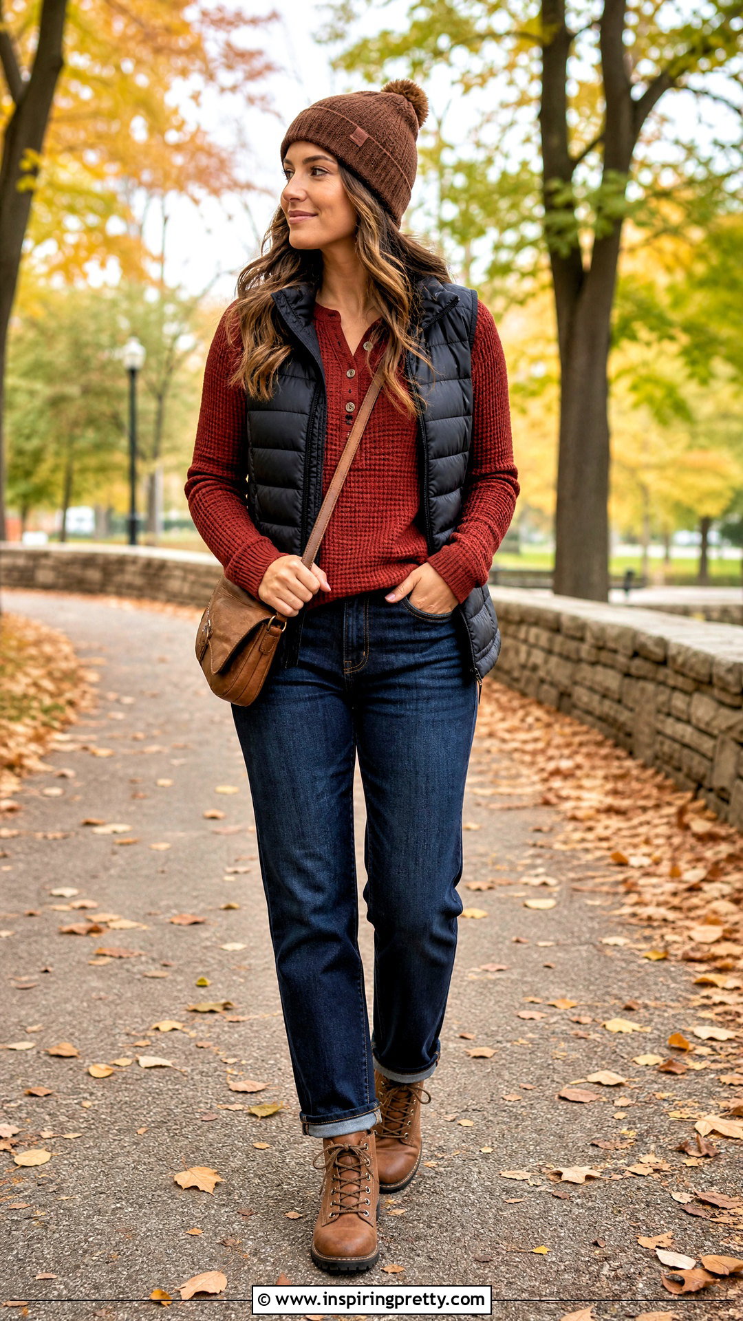 Waffle Henley Top With Puffer Vest - 50 henley top outfit ideas
