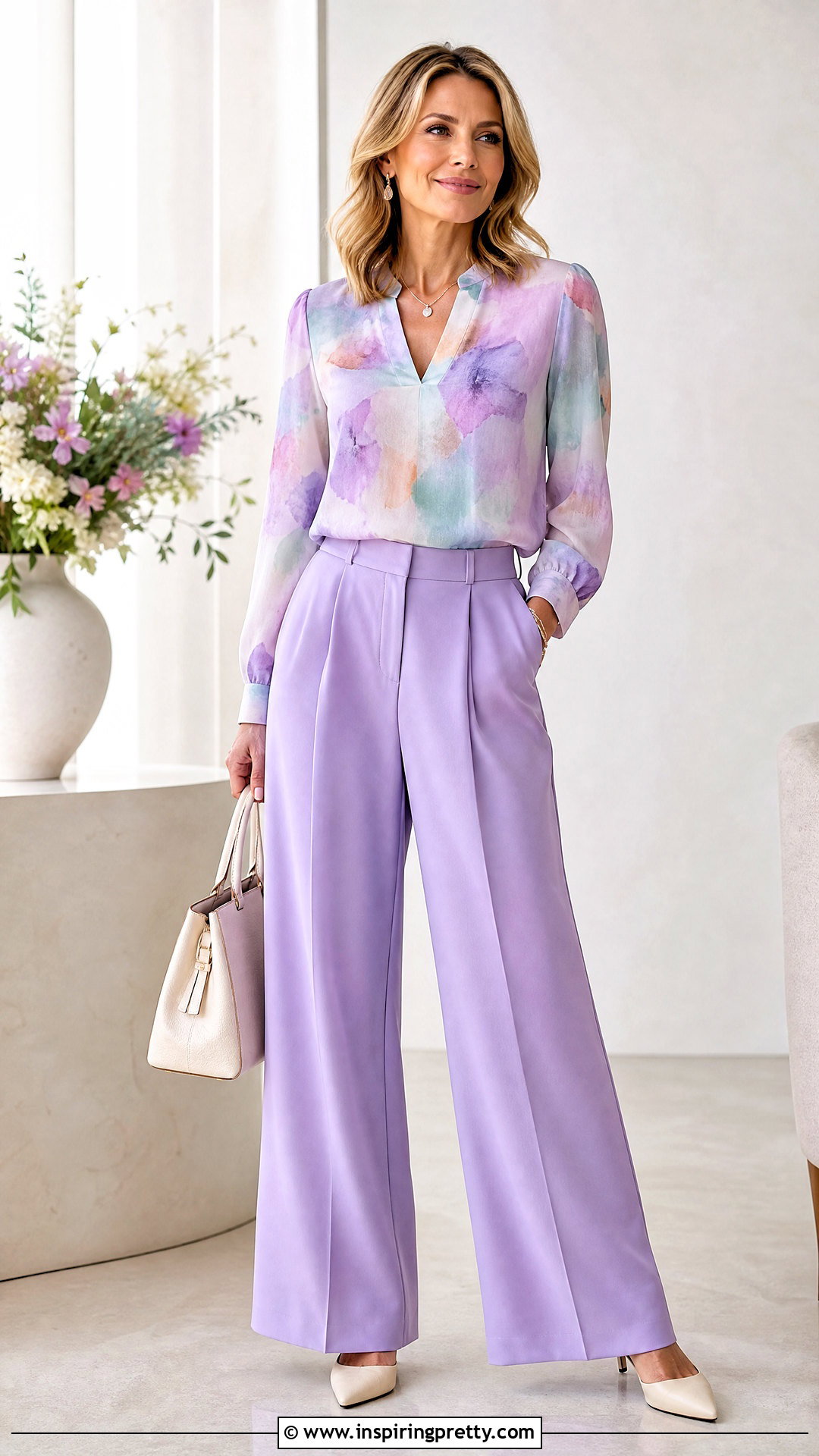 Watercolor Patterned Top With Lavender Trousers - 20 Colorful Patterned Top Outfit ideas