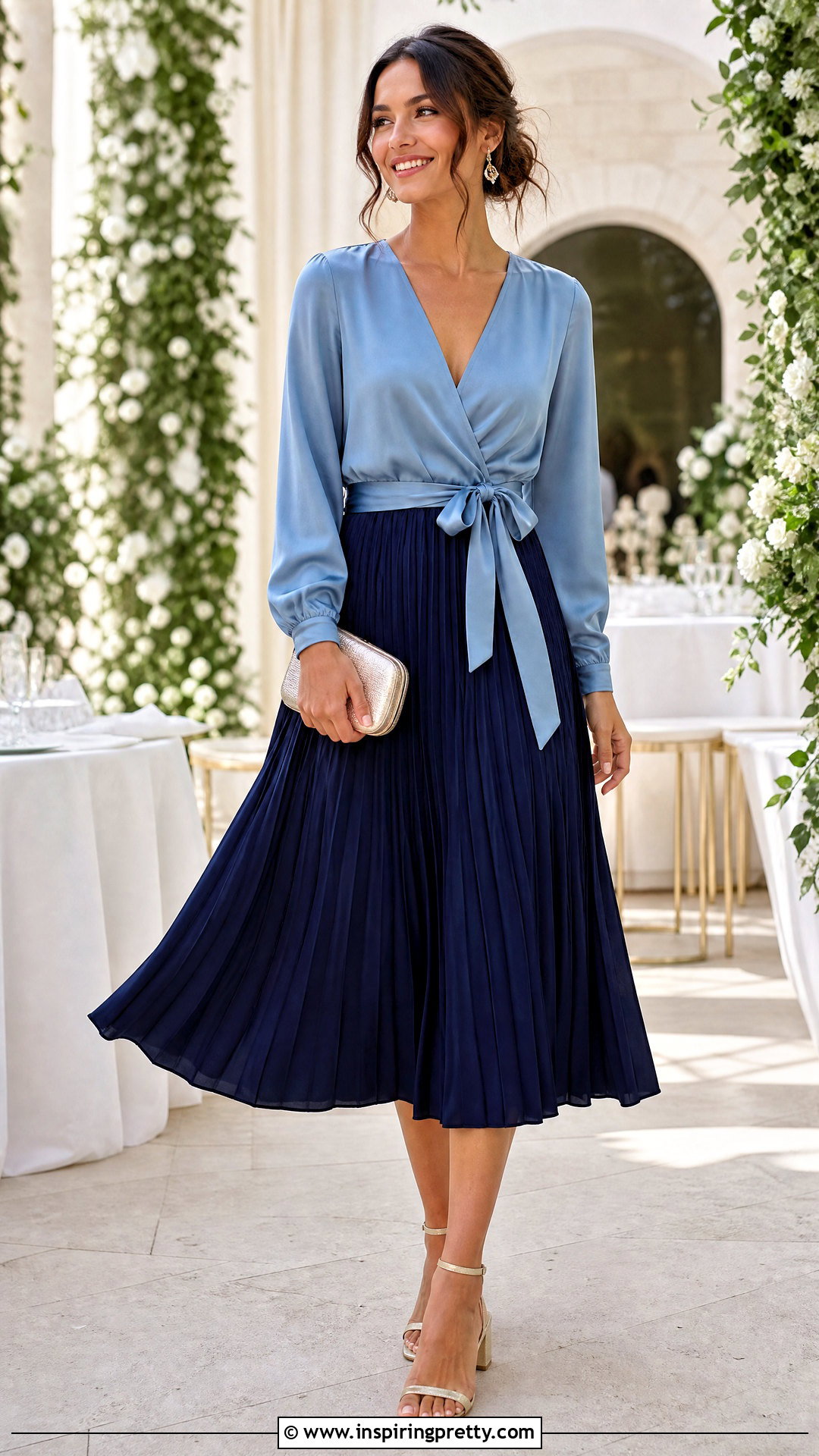 Wedding Guest Belted Top With Pleated Skirt - 50 belt top outfit ideas