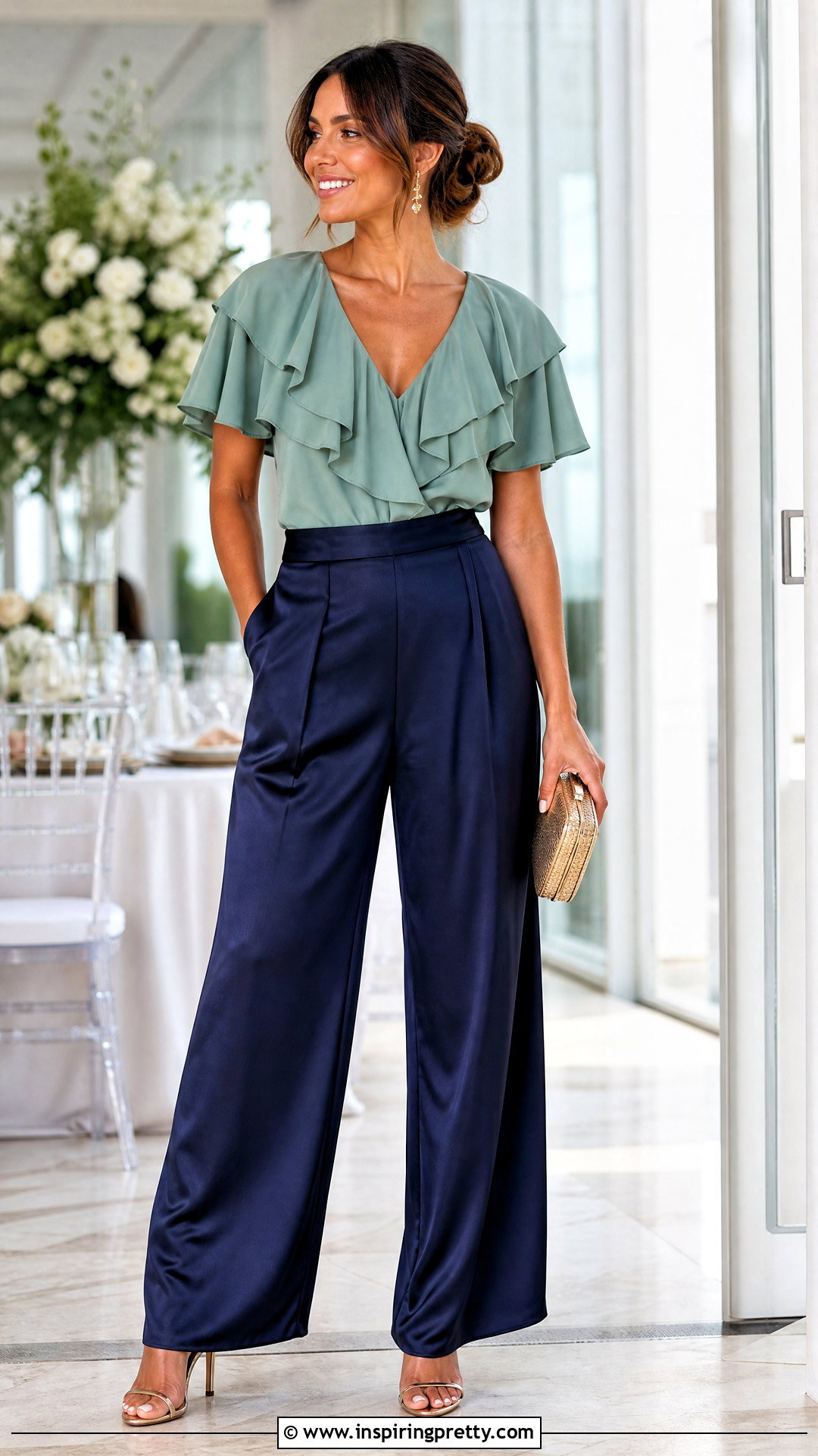 Wedding Guest Frill Top With Satin Trousers - 50 frill top outfit ideas