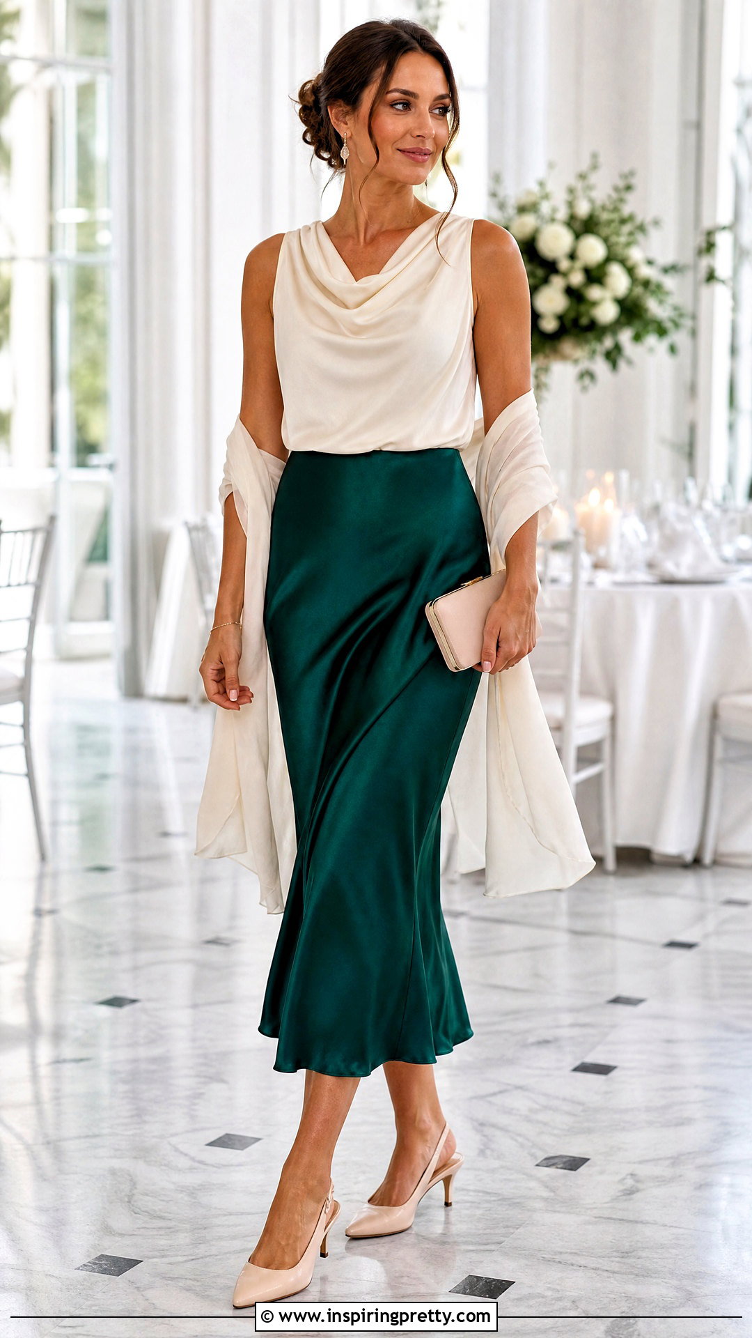 Wedding Guest Satin Skirt With Draped Top And Heels - 50 top skirt outfit ideas