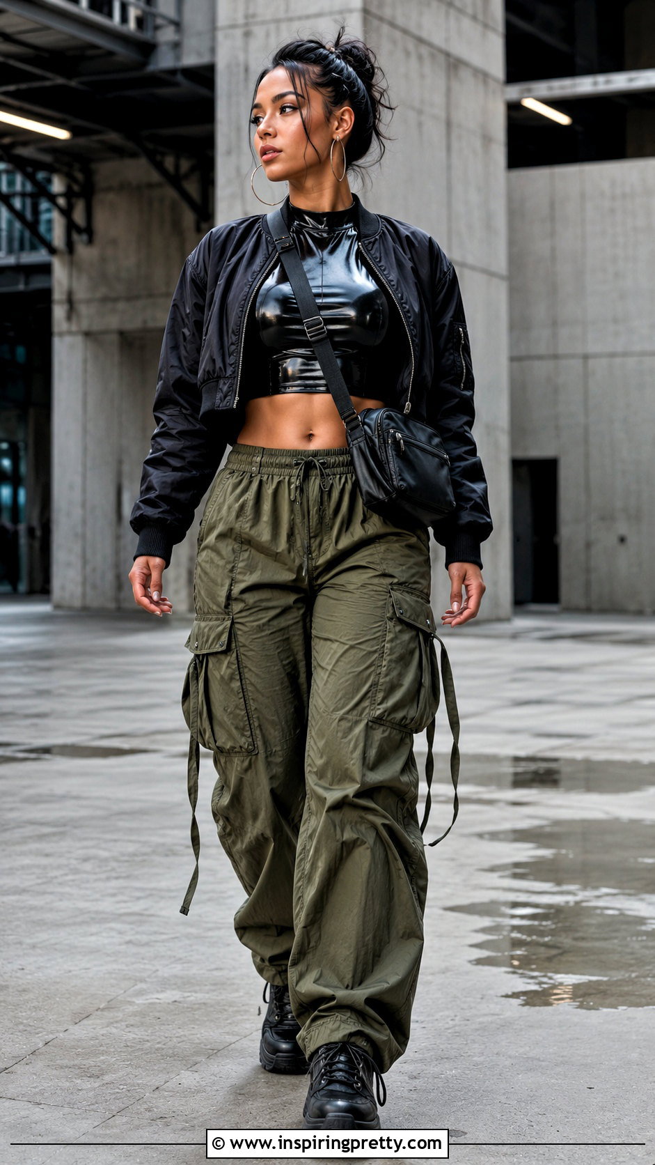 Wet Look Crop Top With Cargo Pants - 20 Wet Look Crop Top outfit ideas