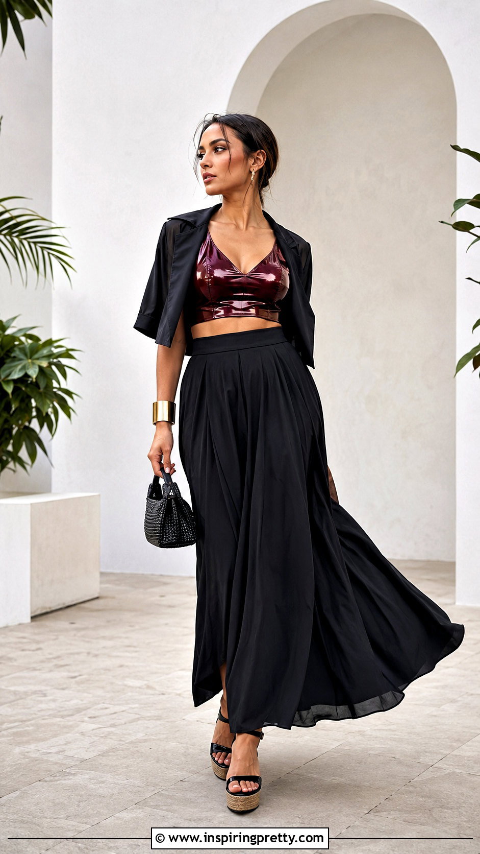 Wet Look Crop Top With Maxi Skirt - 20 Wet Look Crop Top outfit ideas