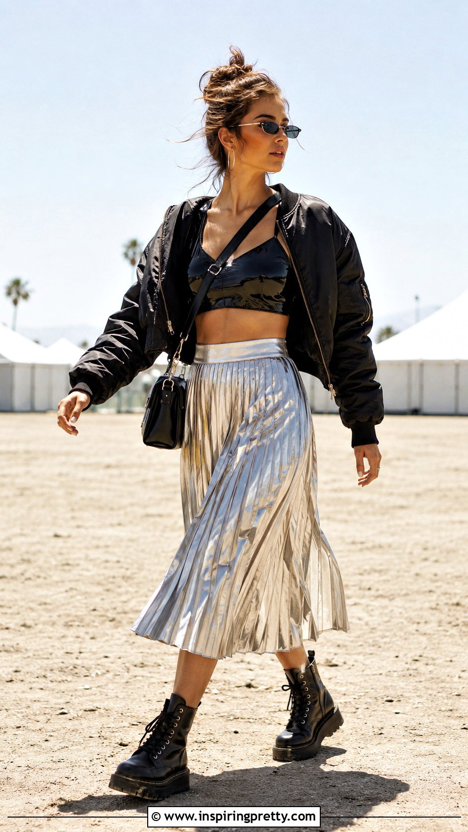 Wet Look Crop Top With Metallic Skirt And Boots - 20 Wet Look Crop Top outfit ideas
