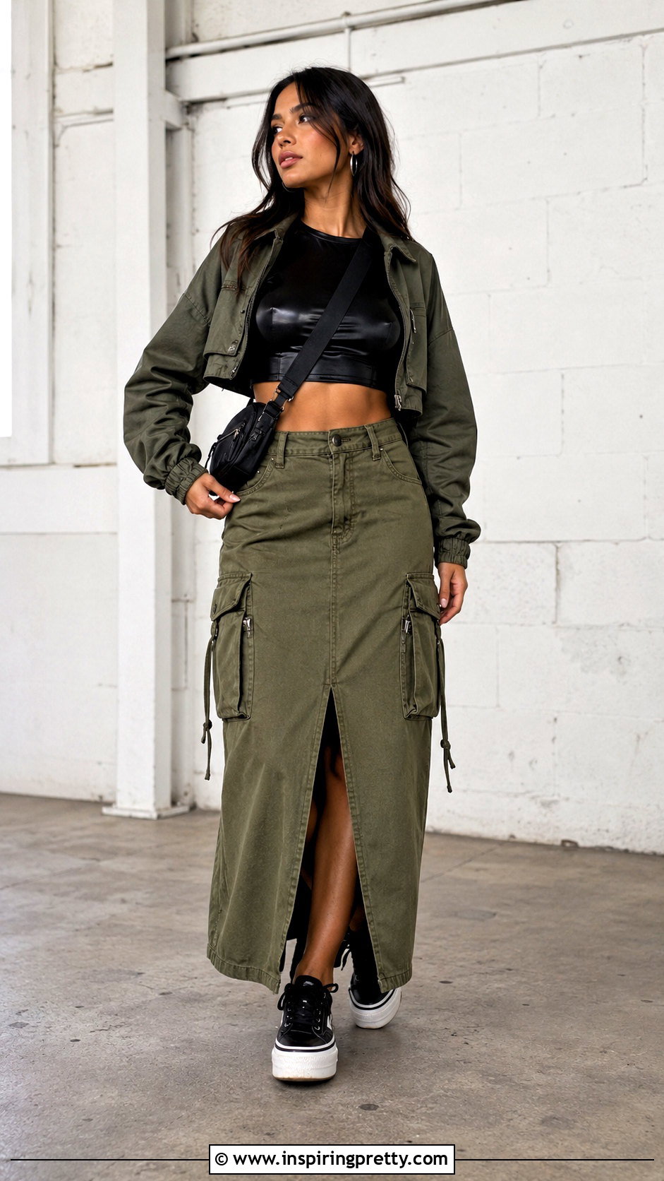Wet Look Crop Top With Utility Maxi Skirt - 20 Wet Look Crop Top outfit ideas