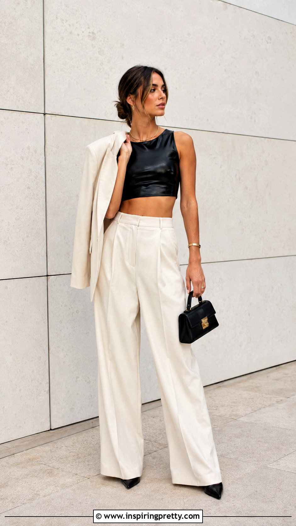 Wet Look Crop Top With Wide Leg Trousers - 20 Wet Look Crop Top outfit ideas