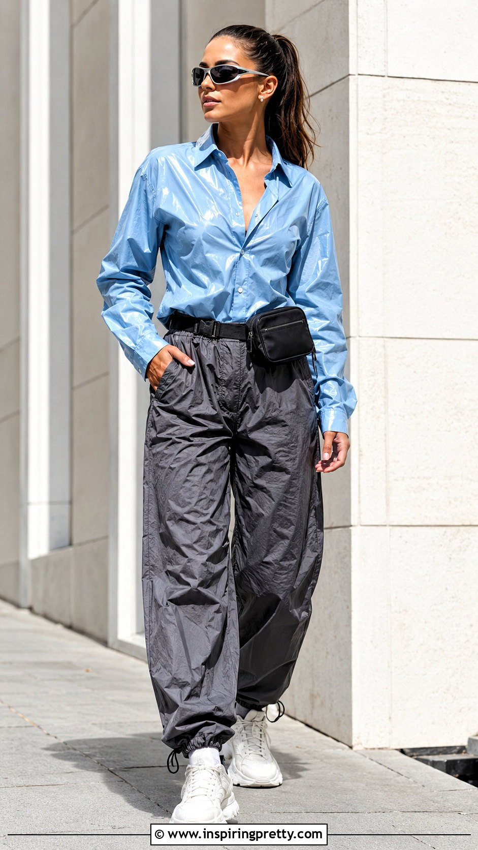 Wet Shirt Top With Parachute Pants - 25 wet shirt top outfit ideas