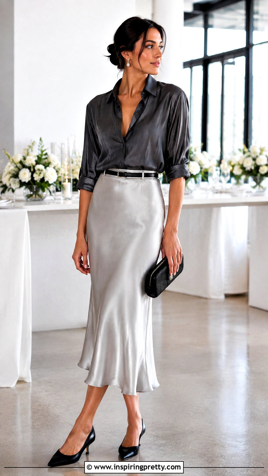 Wet Shirt Top With Satin Midi Skirt - 25 wet shirt top outfit ideas
