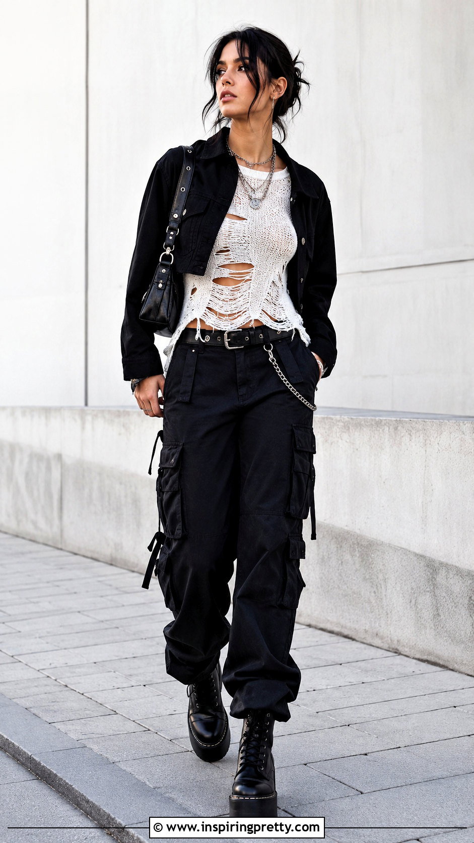 White Alt Top With Black Cargo Pants - 50 alt tops outfit ideas