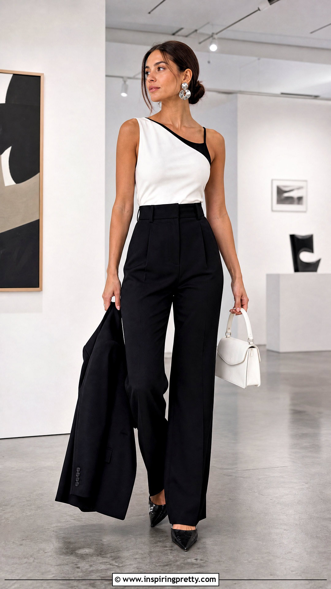White And Black Two Tone Asymmetric Top With Suit Pants - 20 Two-Tone Fashion Top outfit ideas