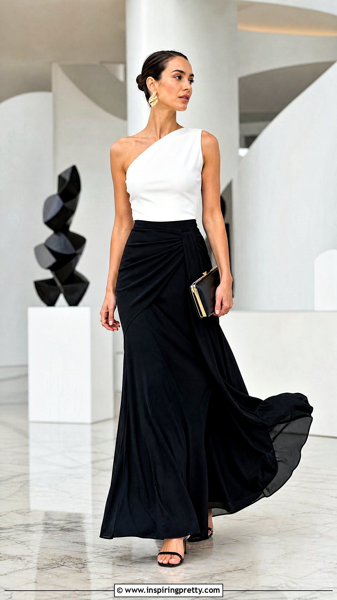 White Asymmetrical Top With Black Maxi Skirt - 50 White Summer Top outfit ideas