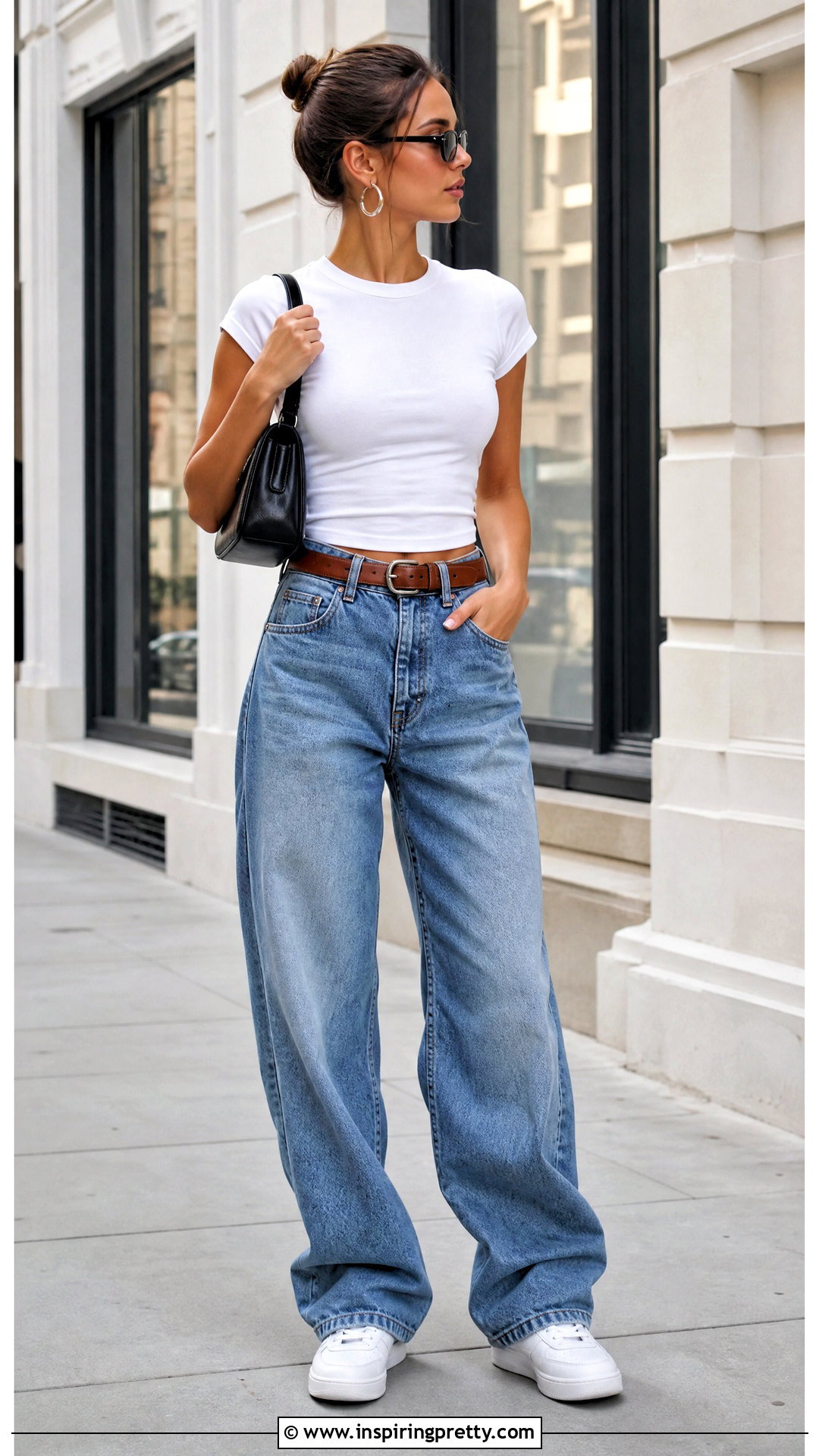 White Baby Tee With Baggy Blue Jeans - 50 small top big pants outfit ideas