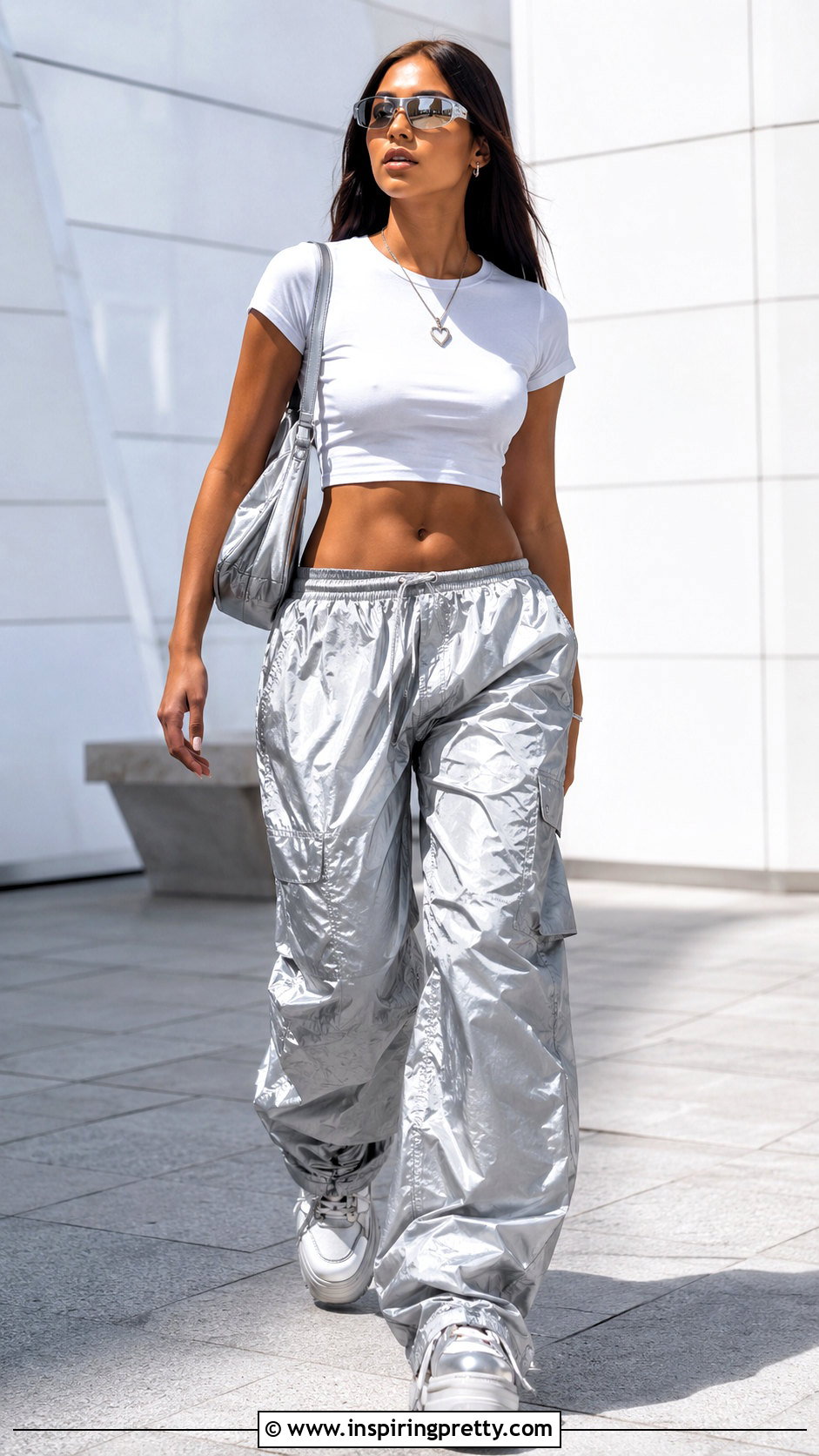 White Baby Tee With Parachute Pants - 20 Baby Tops Y2K Outfit Ideas