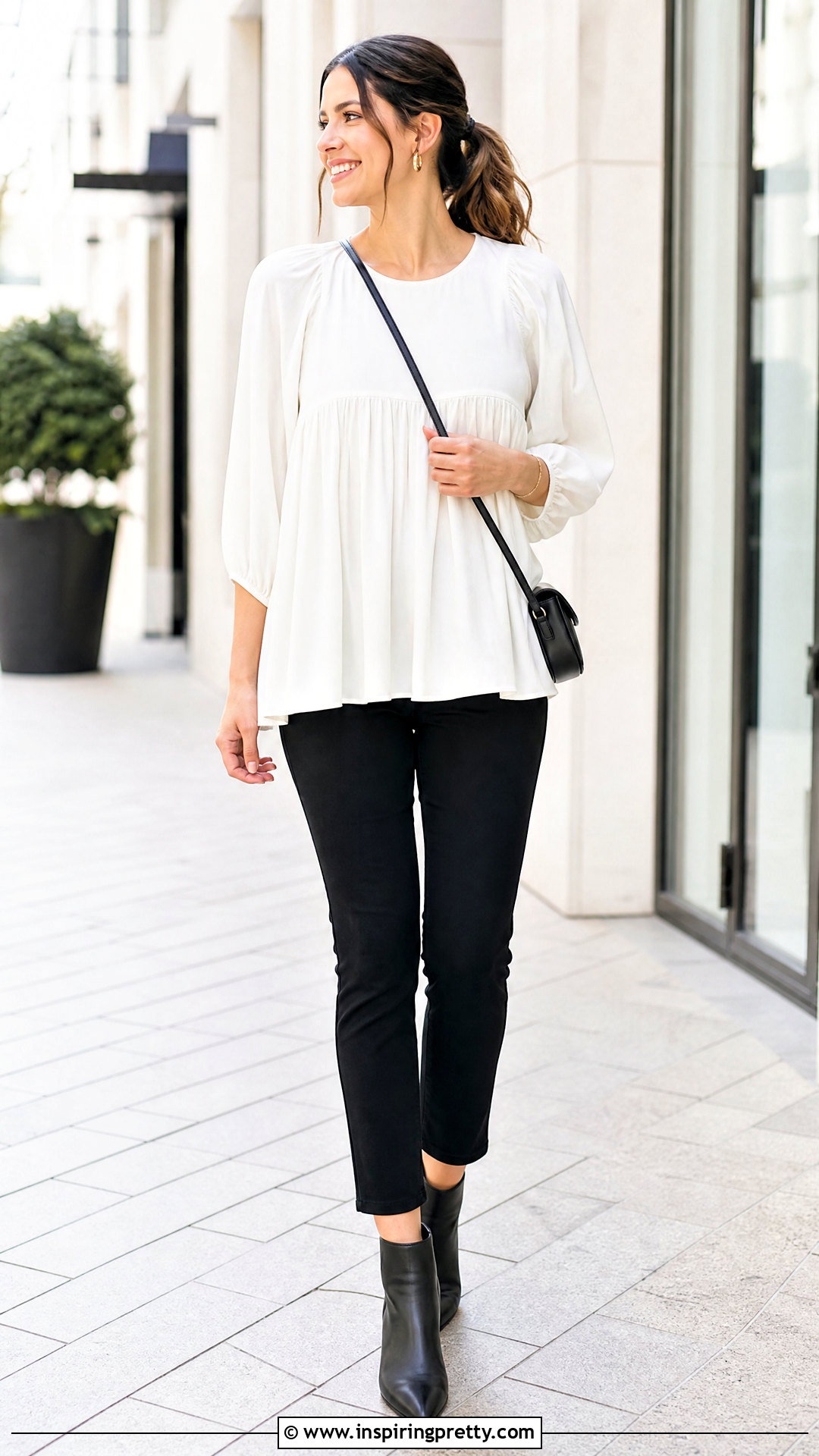 White Babydoll Top With Black Fitted Pants - 50 white top black bottom outfit ideas