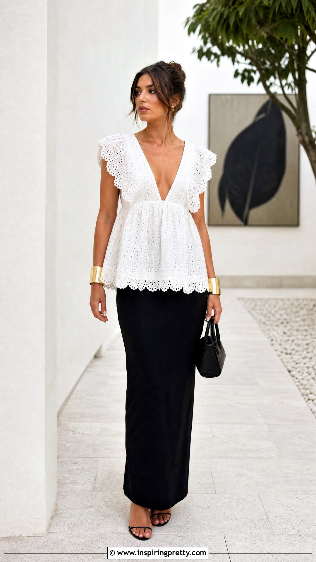 White Babydoll Top With Black Maxi Skirt - 50 white babydoll top outfit ideas