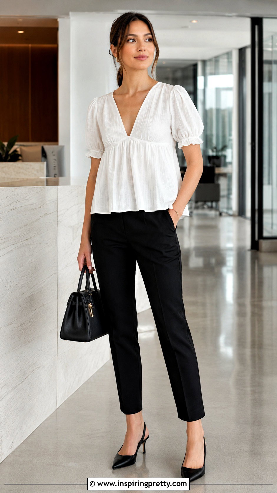 White Babydoll Top With Black Tailored Trousers - 25 brandy white babydoll top outfit ideas