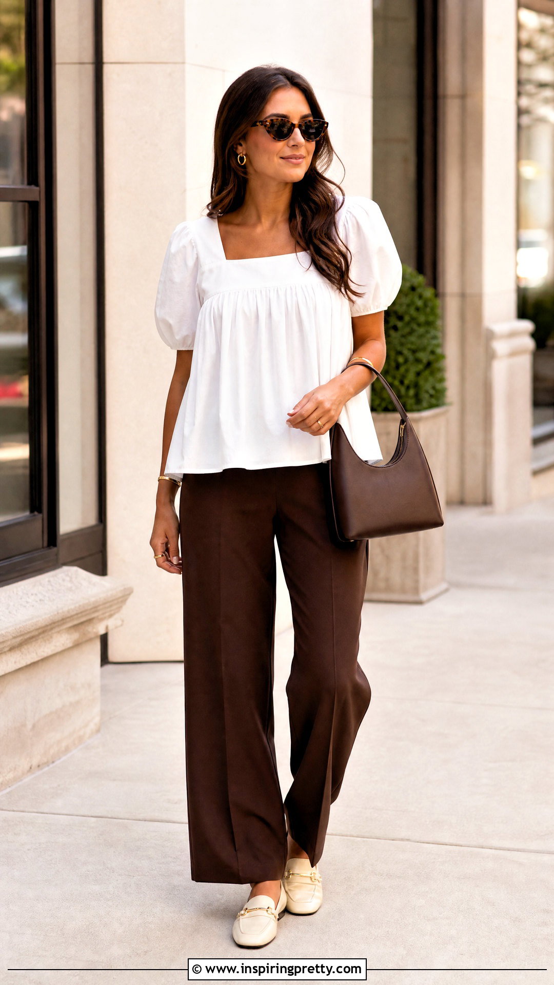 White Babydoll Top With Chocolate Brown Pants - 50 white babydoll top outfit ideas