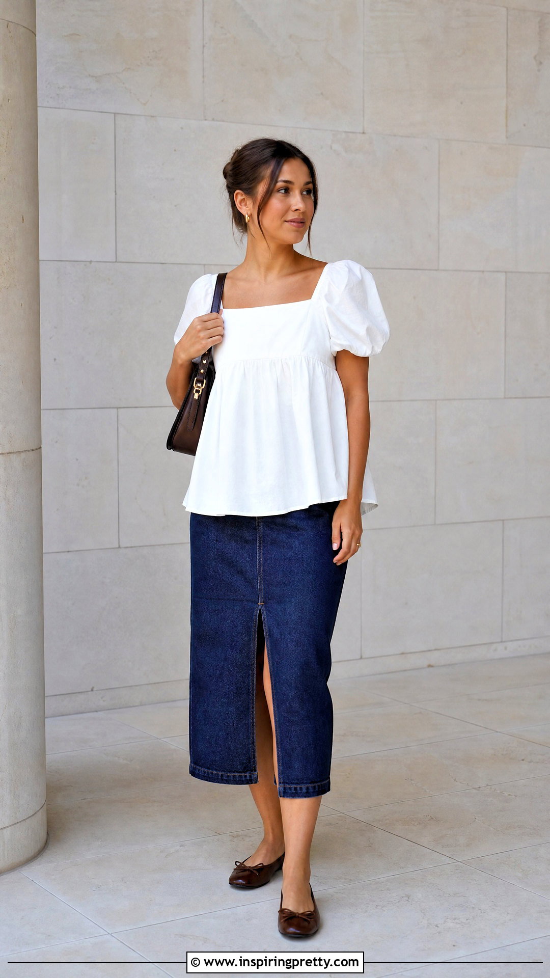 White Babydoll Top With Denim Midi Skirt - 50 white babydoll top outfit ideas