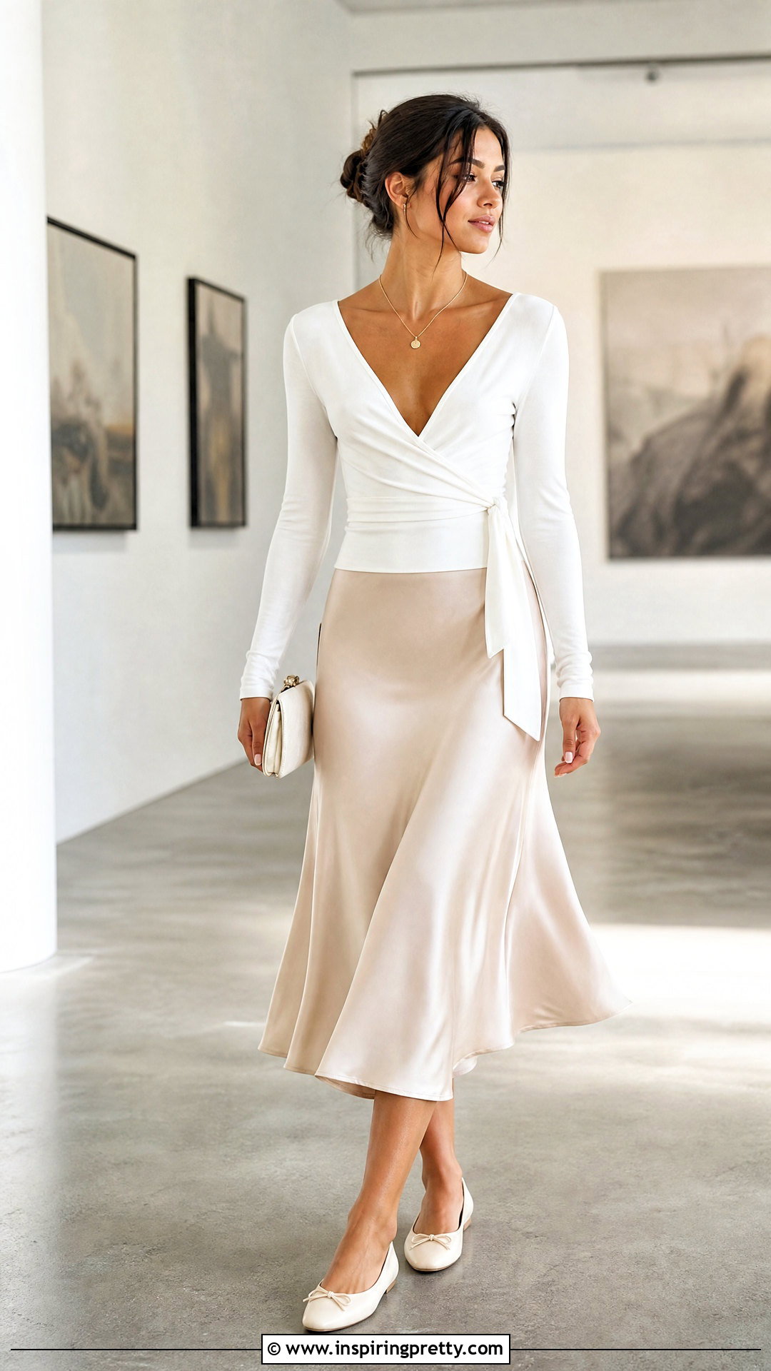 White Ballerina Top With Satin Midi Skirt - 25 Ballerina Style Top outfit ideas