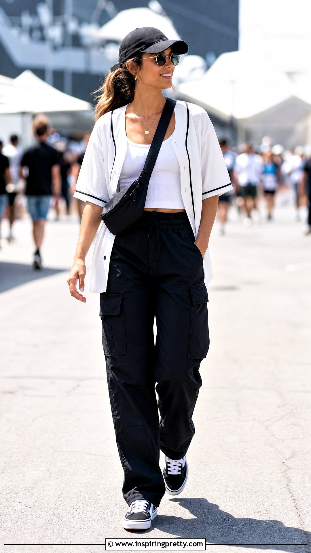 White Baseball Shirt With Black Utility Pants - 50 white top and black pants outfit ideas