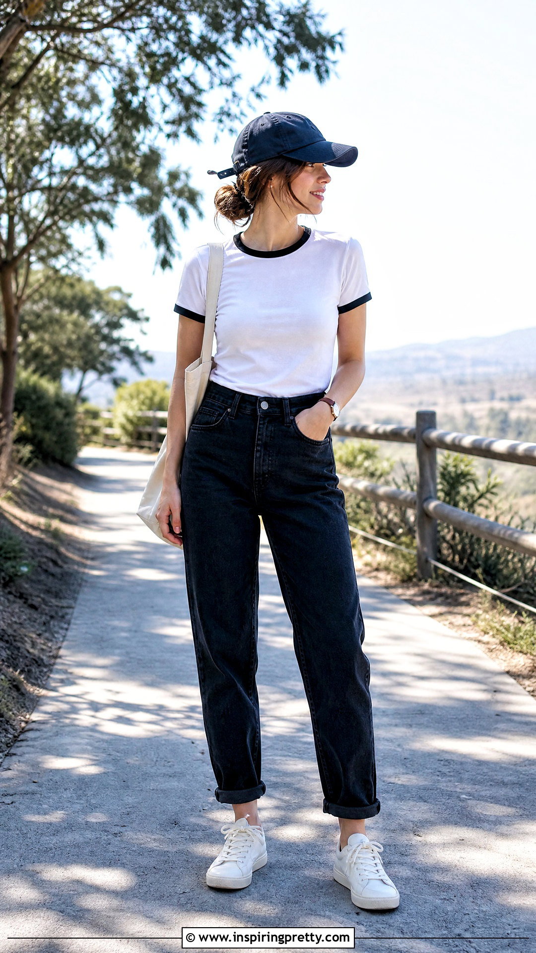 White Baseball Tee With Black Mom Jeans - 50 white top black bottom outfit ideas